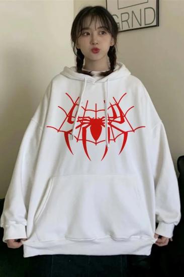 Beyaz Kapüşonlu Spiderman Ağ Şardonlu Sweatshirt