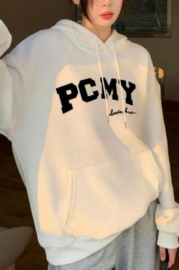 Beyaz Kapüşonlu PCMY Sweatshirt