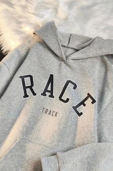 Gri Kapüşonlu Race Track Sweatshirt