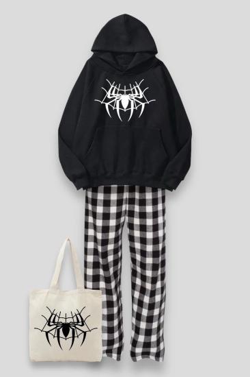Siyah Beyaz Spiderman Ağ Sweatshirt Ekose Desen Eşofman Takımı