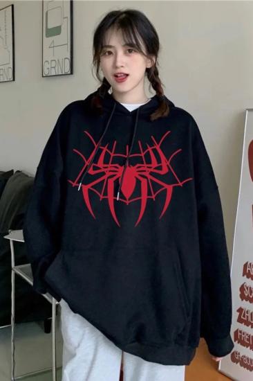 Siyah Kapüşonlu Spiderman Ağ Şardonlu Sweatshirt