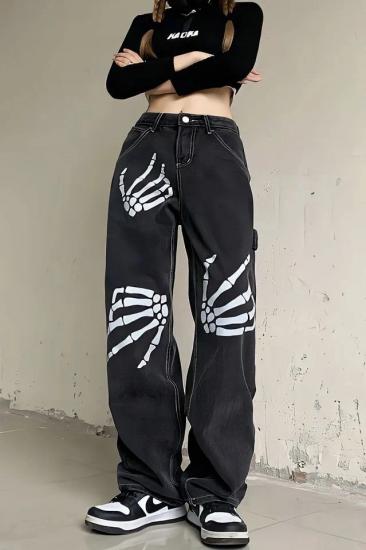 Siyah Skeleton Print Wide Jeans