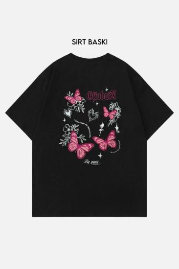 Siyah Unisex Sırt Baskılı Vintage Butterfly Miracles T-Shirt