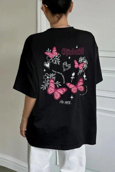 Siyah Unisex Sırt Baskılı Vintage Butterfly Miracles T-Shirt