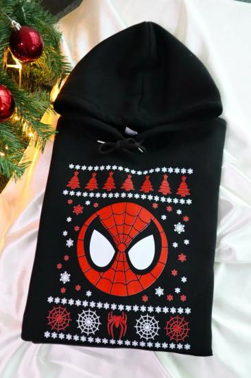 Siyah Kapüşonlu Spiderman Face Christmas Sweatshirt