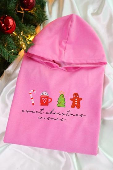 Pembe Kapüşonlu Sweet Christmas Wishes Sweatshirt