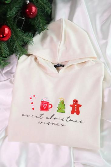 Bej Kapüşonlu Sweet Christmas Wishes Sweatshirt