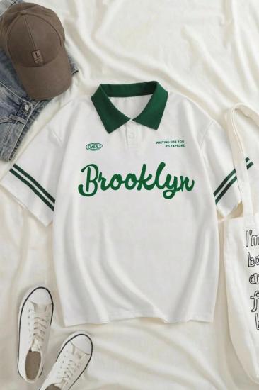 Beyaz Unisex Yeşil Polo Yaka Brooklyn Yazılı T-Shirt