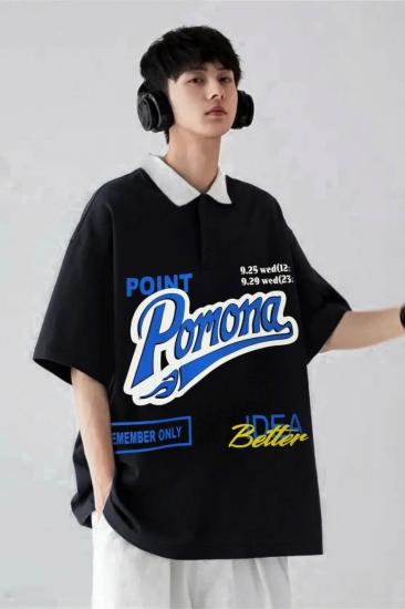 Siyah Unisex Polo Yaka Pomone Yazılı T-Shirt