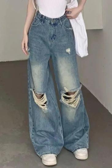 Açık Mavi Y2K Yırtık Detaylı Bol Paça Slit Jeans