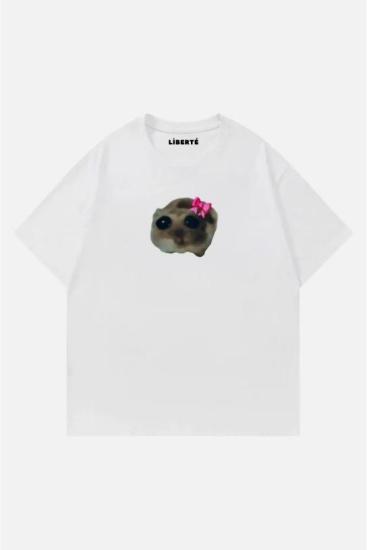 Beyaz Unisex Üzgün Hamster T-Shirt
