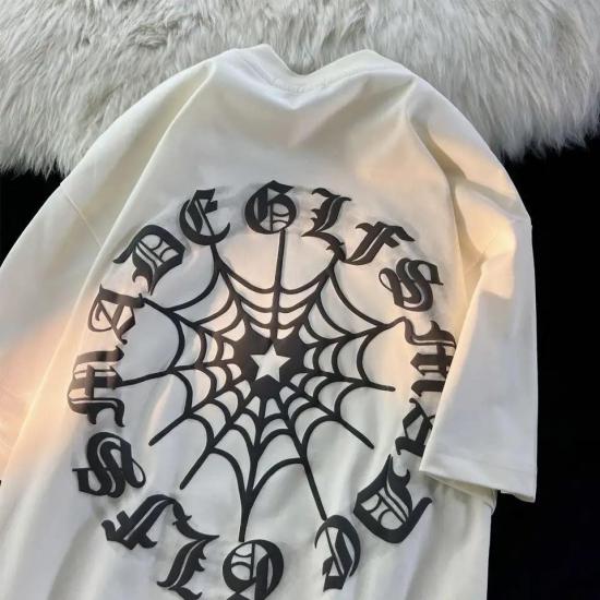 Örümcek ağ detaylı sırt baskı t-shirt