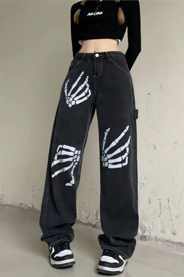 Siyah Skeleton Print Wide Jeans