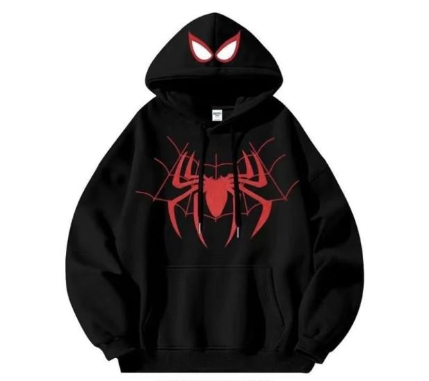 Siyah Spider Maske Hoodie Kalın Kumaş Kapüşonlu Sweatshirt