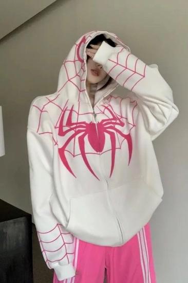 Beyaz Kapüşonlu Pembe Spiderman Maske Hırka