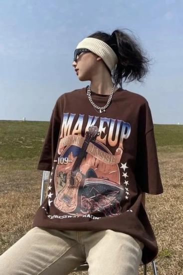 Kahverengi Unisex Make Up Gitar T-Shirt