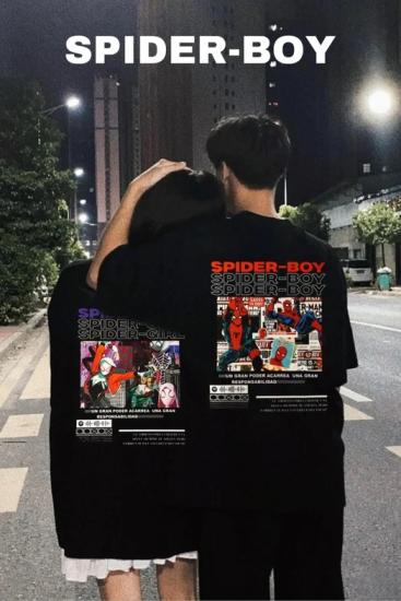 Siyah Unisex Sırt Baskılı Spider - Boy T-Shirt
