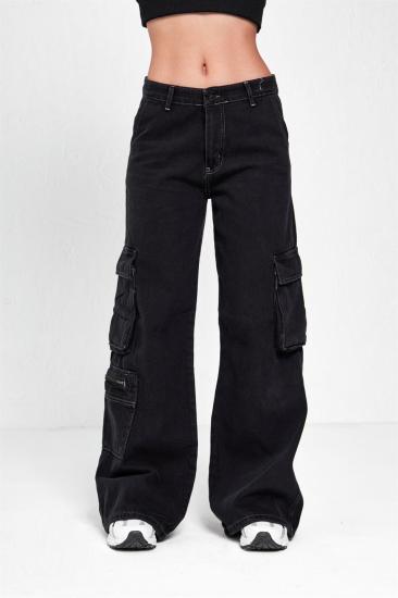 Y2k Recycled Black Double Cargo Pocket Wıde Leg Jean
