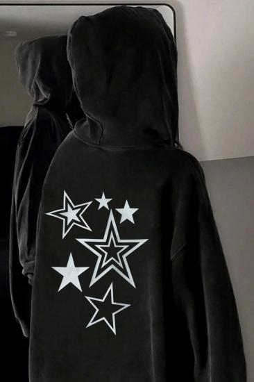 Siyah Kapüşonlu Sırt Baskılı Yıldız Kolaj Sweatshirt